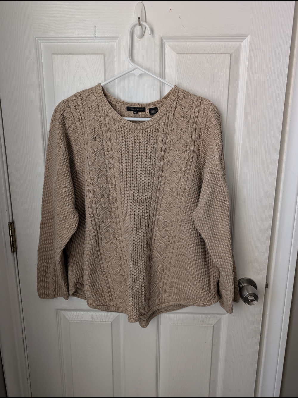JEANNE PIERRE Cable Knit Crewneck Sweater - Tan